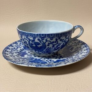Vintage Maruta Phoenix Blue Bird Cup and Saucer Japan Transfer Ware